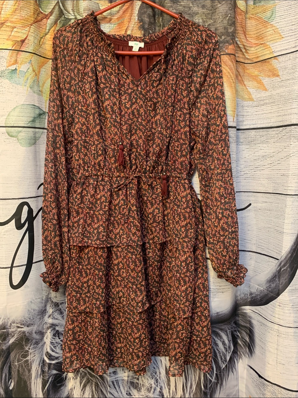 dip Burgundy Floral Long-Sleeve Tiered Dress